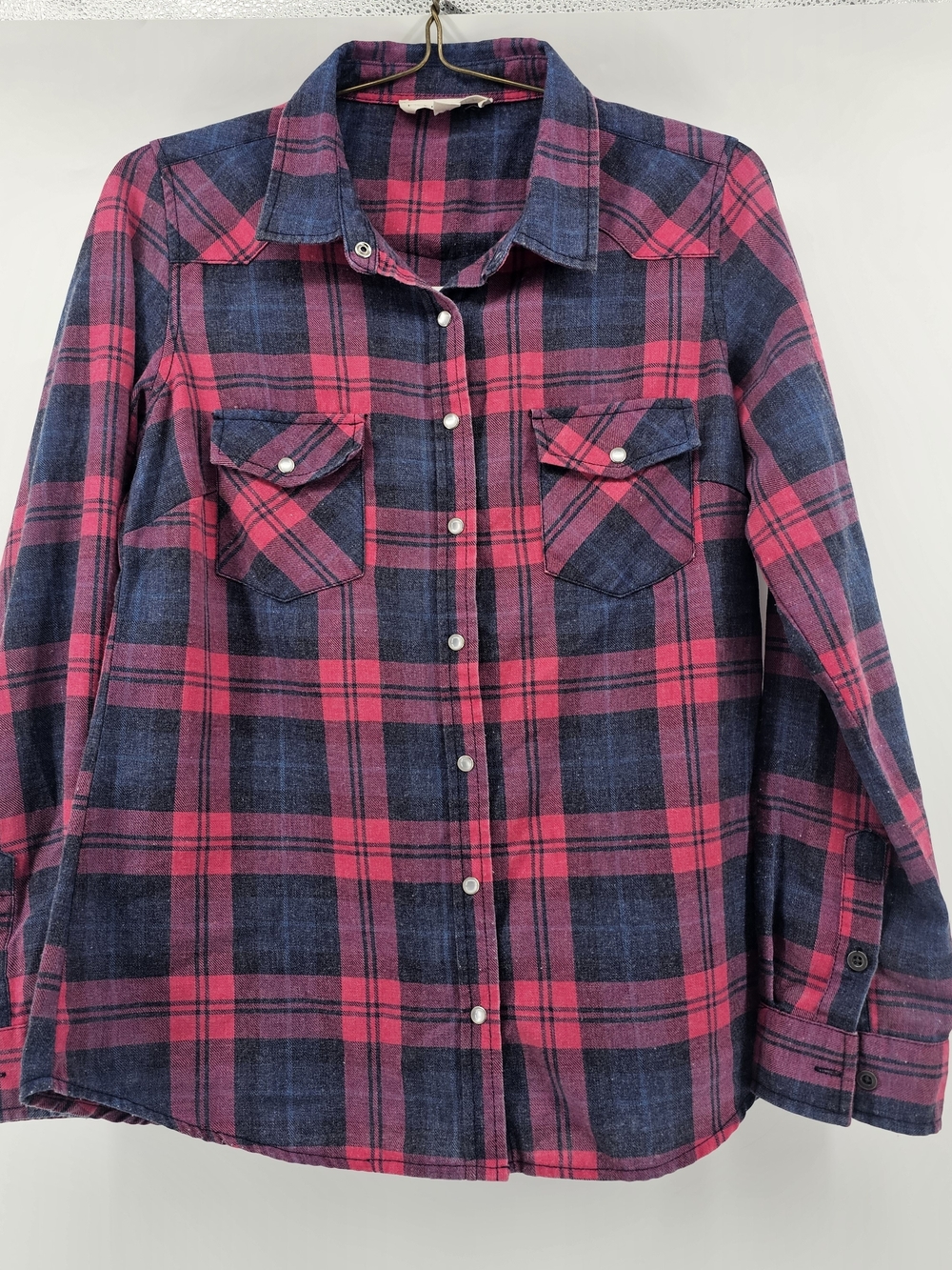 Lovestitch Pink Navy Blue Plaid Western Snap Flannel Shirt Size M